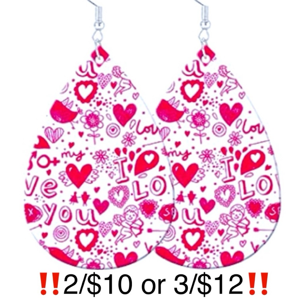 “I Love You” Valentine’s Day Faux Leather Teardrop Shaped Pink & White Earrings
